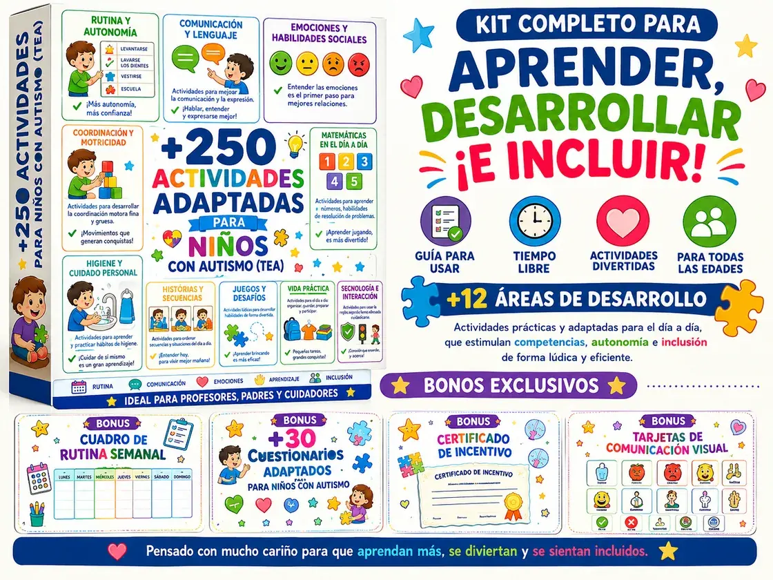 Todo lo que incluye: el pack de más de 250 actividades adaptadas y los 4 bonos